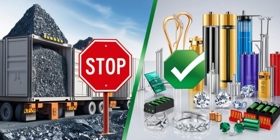 A powerful visual comparing raw mineral exports with processed high-value products.