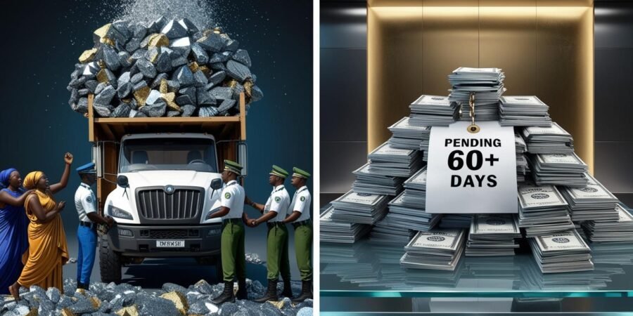 While miners wait months for permits (right), security agencies arrest traders and confiscate minerals (left). When will @SolidMineralsNG fix these delays? #FixMiningPermits Split image: Left shows Nigerian authorities seizing mineral trucks; right displays stacked mining permit applications with '60+ DAYS PENDING' stamp.