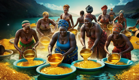 Discover the beauty and resilience of Nigeria’s artisanal gold mining industry! This image showcases diverse tribes, including strong and vibrant women, panning for gold in rivers. A testament to Nigeria’s rich mineral wealth and cultural heritage. 💎✨ #GoldMining #NigeriaMinerals #CulturalDiversity A high-resolution image of Nigerian artisanal miners, including strong, beautiful women from diverse tribes, panning for gold in a river. The scene captures the raw, hands-on nature of small-scale gold mining, with sparkling gold particles visible in the water, promoting Nigeria’s rich mineral wealth and cultural diversity.