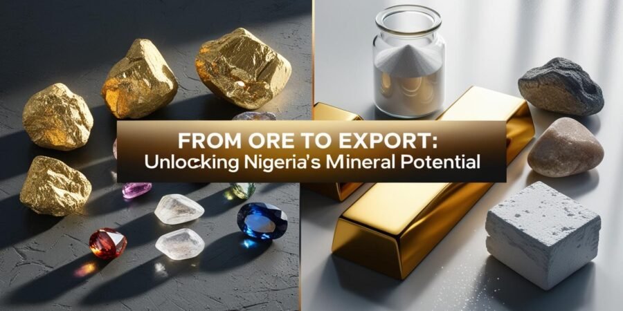 Raw minerals vs. processed products in Nigeria: gold ore to gold bars, lithium chunks to refined powder, and barite stones to industrial-grade material. Visualizing value addition in mineral processing.