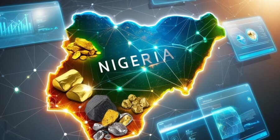 Digital map of Nigeria with glowing nodes, raw minerals, and tech interfaces symbolizing the Nigerian Mineral Exchange revolutionizing the mining marketplace.