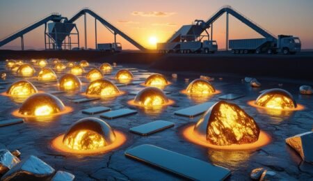 From extraction to industrialization—Nigeria’s minerals are the key to a trillion-dollar raw materials market. A futuristic Nigerian mining landscape showcasing high-value minerals like lithium, iron ore, and silica, with industrial processing plants in the background.