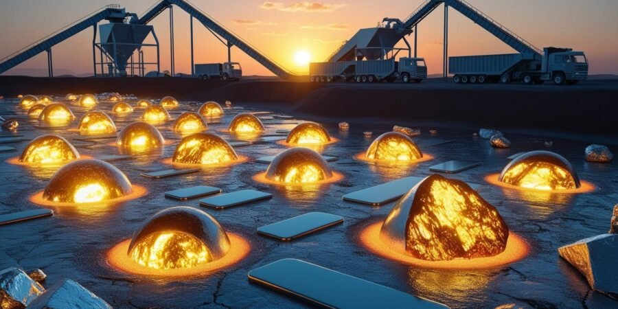 From extraction to industrialization—Nigeria’s minerals are the key to a trillion-dollar raw materials market. A futuristic Nigerian mining landscape showcasing high-value minerals like lithium, iron ore, and silica, with industrial processing plants in the background.