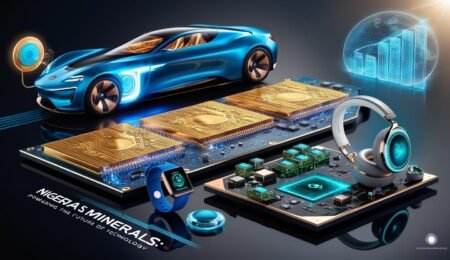 From lithium batteries to gold circuits and gemstone-embedded tech, Nigeria’s minerals are driving the future of innovation. Discover how these resources are shaping global technology trends. #NigeriaMinerals #TechInnovation #GreenEnergy Futuristic image showing Nigeria’s lithium batteries, gold circuits, and sparkling gemstones powering advanced technology like EVs, smartphones, and luxury gadgets on a sleek, dark background.