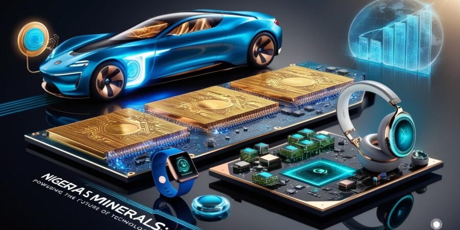 From lithium batteries to gold circuits and gemstone-embedded tech, Nigeria’s minerals are driving the future of innovation. Discover how these resources are shaping global technology trends. #NigeriaMinerals #TechInnovation #GreenEnergy Futuristic image showing Nigeria’s lithium batteries, gold circuits, and sparkling gemstones powering advanced technology like EVs, smartphones, and luxury gadgets on a sleek, dark background.