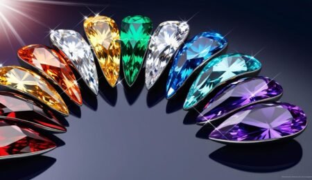 Discover the vibrant beauty of Nigeria’s gemstones! From fiery garnet to serene aquamarine, this dazzling rainbow showcases the stunning diversity of Nigerian gemstones. Perfect for collectors, jewelers, and investors alike. sparkling image of a rainbow gradient arrangement of Nigerian gemstones, including garnet, emerald, aquamarine, and amethyst, on a dark background.
