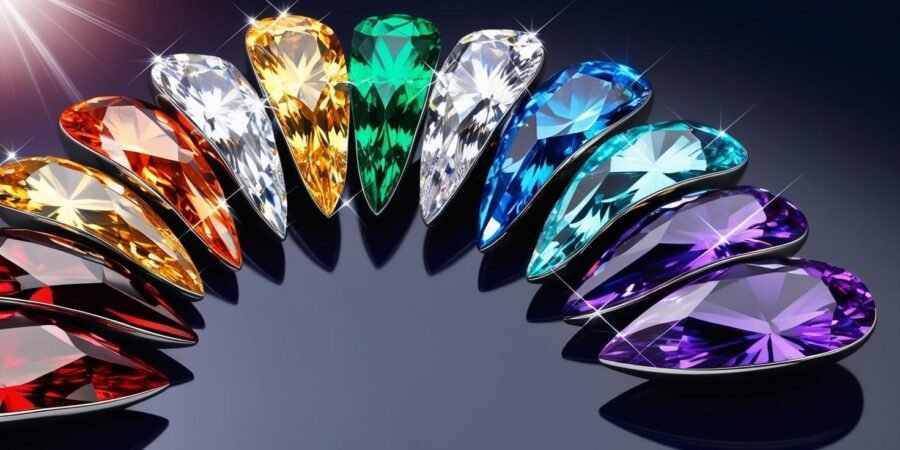 Discover the vibrant beauty of Nigeria’s gemstones! From fiery garnet to serene aquamarine, this dazzling rainbow showcases the stunning diversity of Nigerian gemstones. Perfect for collectors, jewelers, and investors alike. sparkling image of a rainbow gradient arrangement of Nigerian gemstones, including garnet, emerald, aquamarine, and amethyst, on a dark background.