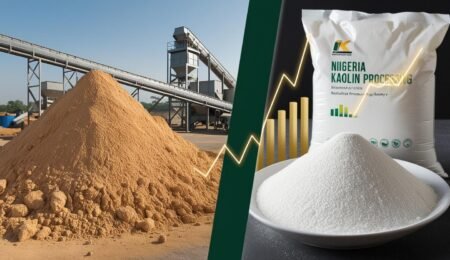 Unlocking Nigeria’s kaolin wealth—how local processing turns raw clay into a high-value industrial product. Raw kaolin clay transforming into refined powder with an industrial plant in the background, symbolizing Nigeria’s profitable mineral processing industry.
