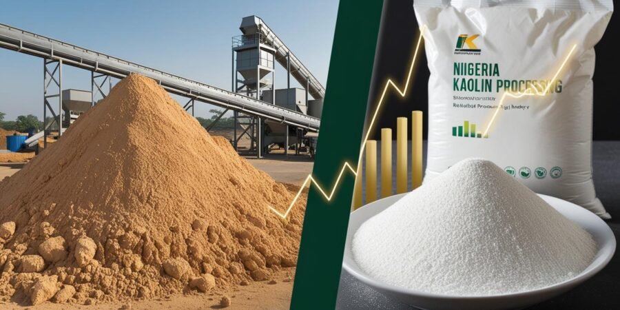 Unlocking Nigeria’s kaolin wealth—how local processing turns raw clay into a high-value industrial product. Raw kaolin clay transforming into refined powder with an industrial plant in the background, symbolizing Nigeria’s profitable mineral processing industry.