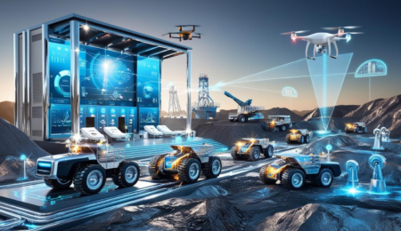 Smart mining operations powered by IoT and automation are transforming Nigeria’s mineral sector—boosting productivity, cutting costs, and unlocking bigger profits. A sleek, high-tech mining site in Nigeria featuring autonomous trucks, robotic drilling machines with glowing sensors, and a futuristic control center. The scene includes network lines symbolizing IoT connectivity and digital graphs representing increased efficiency and profits.