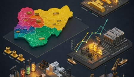 Nigeria: A Hub of Mineral Opportunities. Explore the vast potential for export in key commodities like lithium, gold, and more. Invest in Nigeria's future today! Modern graphic showcasing Nigeria's mineral wealth: map with mineral hotspots, rising export graph, lithium battery illustration, and container ship at port.