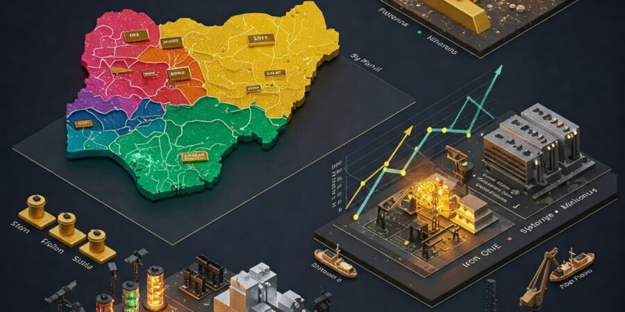 Modern graphic showcasing Nigeria's mineral wealth: map with mineral hotspots, rising export graph, lithium battery illustration, and container ship at port.