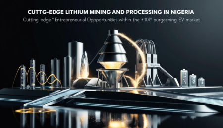 Unlock the Future: Nigeria's Lithium Boom. Explore entrepreneurial opportunities in lithium mining and processing for the global EV market. Sleek, modern graphic depicting lithium processing facility in Nigeria, highlighting business opportunities in the EV market surge. Glowing elements represent lithium and innovation.
