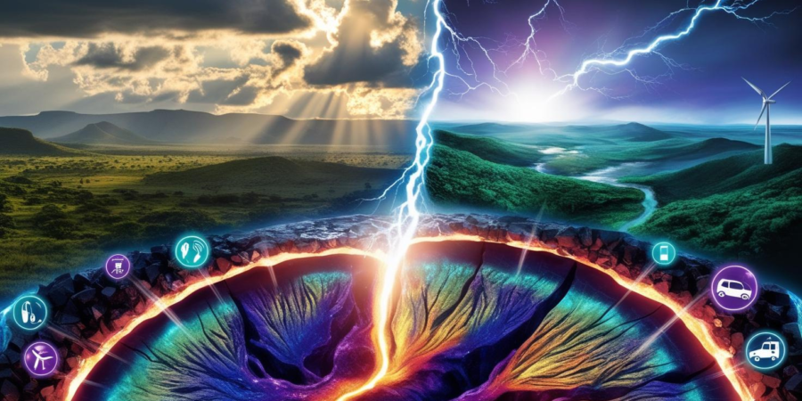 Split image of Nigerian landscape and glowing underground rare earth minerals like neodymium and monazite with EV and tech icons, symbolizing critical mineral wealth.