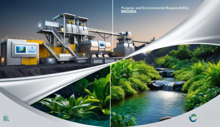 Balancing Progress and Planet: Sustainable mining practices are key to Nigeria's economic growth while preserving its natural heritage. Sleek, high-resolution image juxtaposing modern, sparkling Nigerian mining operation with lush, thriving rehabilitated land, symbolizing sustainable practices and environmental responsibility.