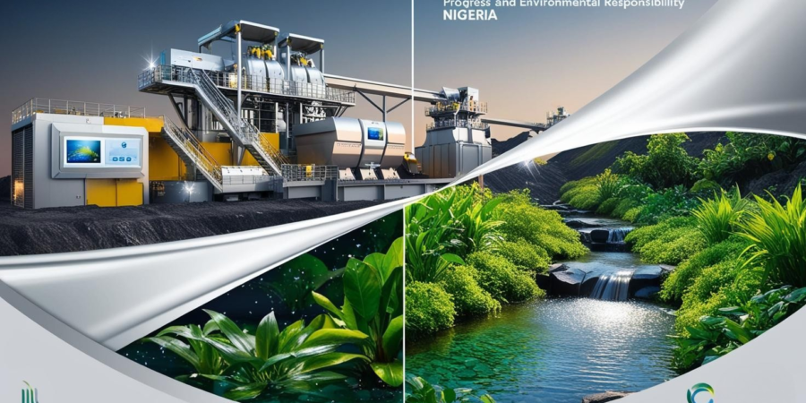 Sleek, high-resolution image juxtaposing modern, sparkling Nigerian mining operation with lush, thriving rehabilitated land, symbolizing sustainable practices and environmental responsibility.
