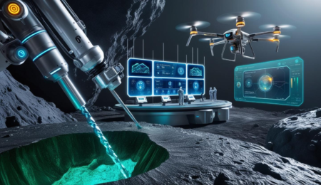 The future of mining is here! AI-driven robotics, smart drones, and advanced data analytics are revolutionizing Nigeria’s mining industry, boosting efficiency, safety, and sustainability. A high-tech mining site featuring a sleek robotic arm drilling into mineral-rich terrain, an AI-powered control center displaying real-time data, and a drone scanning the site with advanced geospatial mapping technology. The scene is illuminated with bright, metallic colors, blending industrial grit with futuristic innovation.