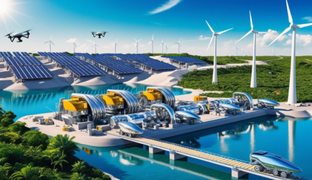 Harnessing technology to transform Nigeria's mining sector into an environmentally sustainable and innovative powerhouse. A modern, sparkling mining site in Nigeria powered by solar panels and wind turbines, with lush greenery and clean water surrounding advanced machinery.