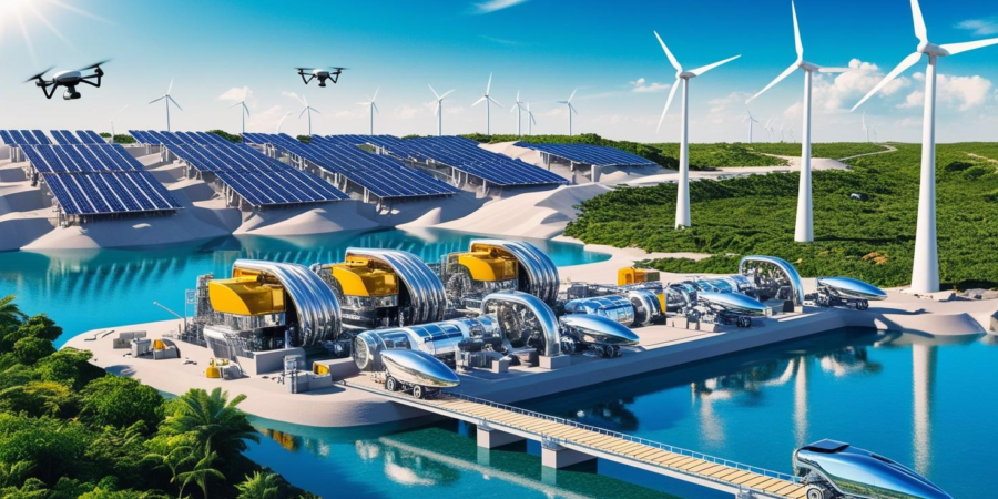 Harnessing technology to transform Nigeria's mining sector into an environmentally sustainable and innovative powerhouse. A modern, sparkling mining site in Nigeria powered by solar panels and wind turbines, with lush greenery and clean water surrounding advanced machinery.
