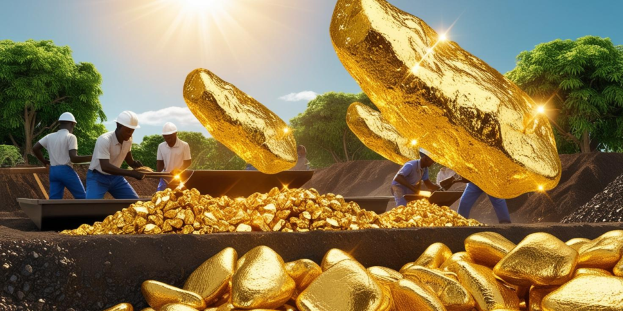 Nigeria’s gold mining potential—unlocking economic prosperity while ensuring environmental sustainability for future generations. Modern gold mining site in Nigeria with sparkling gold nuggets, miners at work, and lush green trees showcasing progress and environmental preservation.