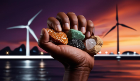 Nigeria's rich deposits of rare earth minerals, like these raw samples, are essential for powering the technologies of tomorrow. Hand holding sparkling, raw rare earth mineral samples (monazite and zircon) against a blurred modern cityscape and wind turbines at twilight.