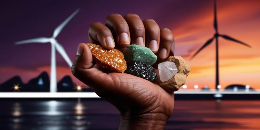 Hand holding sparkling, raw rare earth mineral samples (monazite and zircon) against a blurred modern cityscape and wind turbines at twilight.