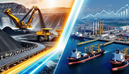 The powerful link between Nigeria's revitalized mining sector and its unstoppable industrial revolution. High-contrast image showing a modern Nigerian mine and a bustling industrial city connected by a streak of energy, symbolizing mining fueling Nigeria's economic growth.