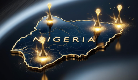 Visualizing Nigeria’s Gold Wealth: This map highlights Zamfara, Osun, Niger, Edo, and Kebbi as key gold-rich states, underscoring the nation’s mining potential for investors Digital illustration of Nigeria-shaped rock cracked open to reveal sparkling minerals, with sunlight and futuristic holographic effects.