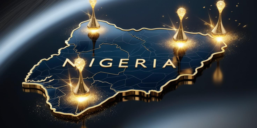 Visualizing Nigeria’s Gold Wealth: This map highlights Zamfara, Osun, Niger, Edo, and Kebbi as key gold-rich states, underscoring the nation’s mining potential for investors Digital illustration of Nigeria-shaped rock cracked open to reveal sparkling minerals, with sunlight and futuristic holographic effects.