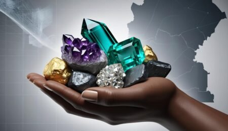 A hand holding diverse, sparkling Nigerian minerals like amethyst, emerald, and gold nuggets, symbolizing different minerals found in Nigeria, and investment opportunities in Nigeria's rich mineral sector.