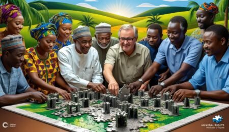 Working together for clarity: Stakeholders collaborate on the complex puzzle of mineral rights in Nigeria, facilitated by principles of understanding and trust. Diverse group collaboratively solving a 3D puzzle representing mineral rights in a stylized Nigerian landscape.
