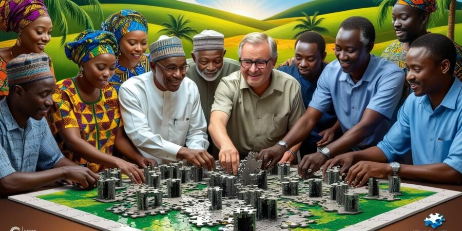 Diverse group collaboratively solving a 3D puzzle representing mineral rights in a stylized Nigerian landscape.