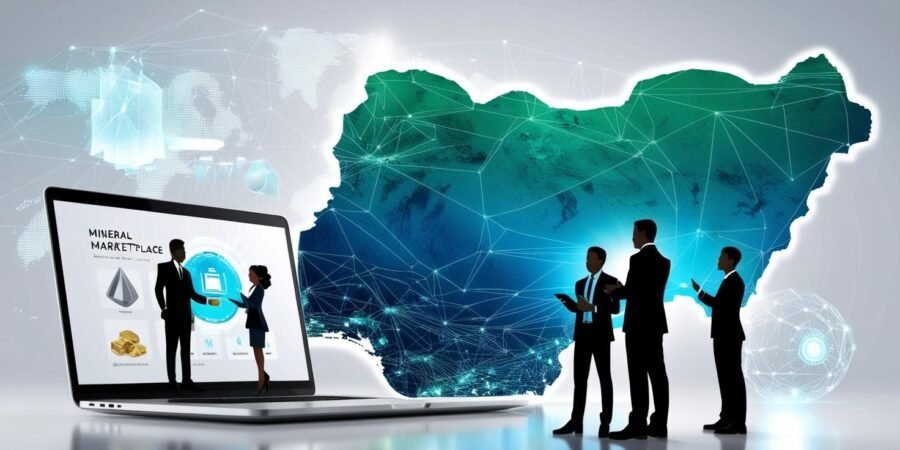 A visual representation of how digital platforms like the Nigerian Mineral Exchange (NME) are modernizing Nigeria’s mineral trade landscape. Futuristic digital map of Nigeria with mineral icons and holographic marketplace interface, symbolizing the rise of digital platforms like NME.