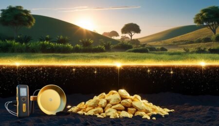 There could be gold beneath your land — this 3D concept image shows how treasure may lie just below the surface. Split image of Nigerian farmland with glowing gold nuggets underground, gold pan and detector in view.