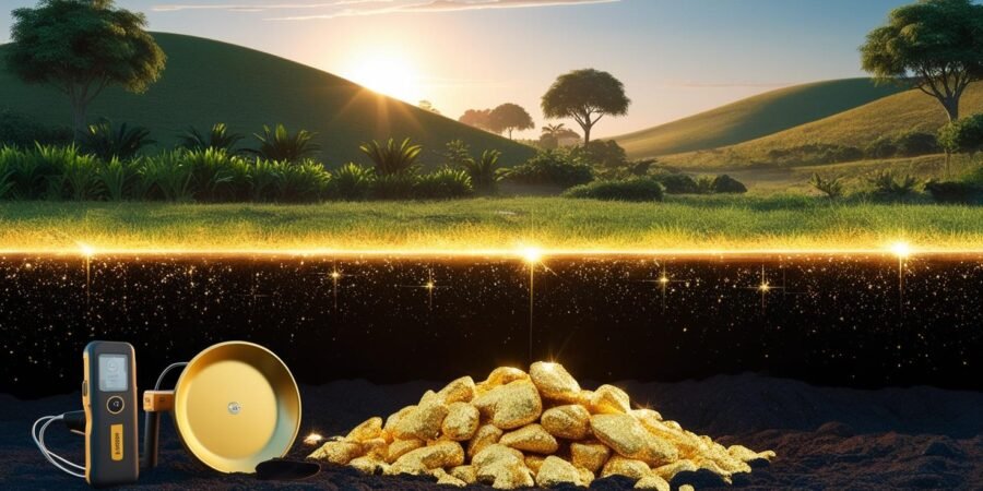 There could be gold beneath your land — this 3D concept image shows how treasure may lie just below the surface. Split image of Nigerian farmland with glowing gold nuggets underground, gold pan and detector in view.