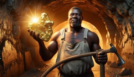 A proud Nigerian miner reveals a golden legacy—echoes of a rich mining history still alive today. Nigerian miner holding a gold nugget in a traditional gold mine tunnel