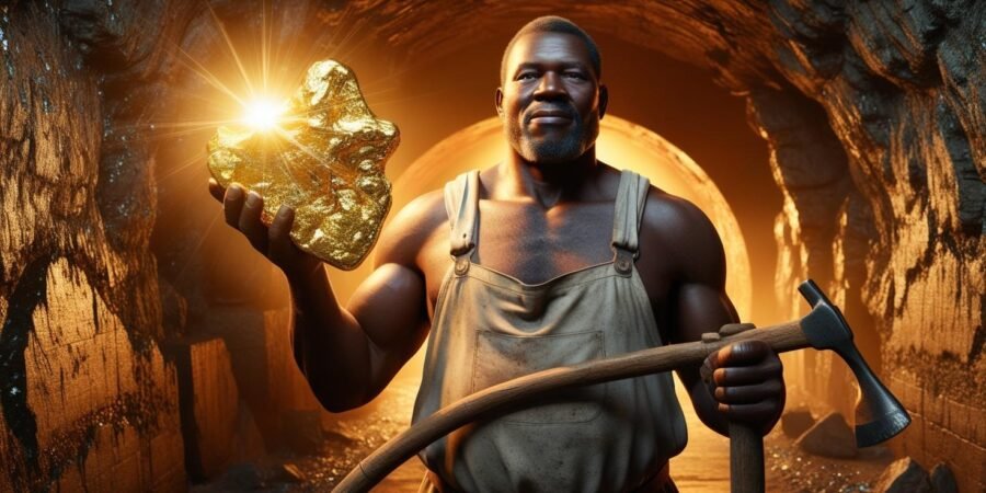 A proud Nigerian miner reveals a golden legacy—echoes of a rich mining history still alive today. Nigerian miner holding a gold nugget in a traditional gold mine tunnel