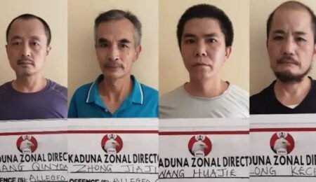 Four Chinese nationals involved in illegal mining activities in Nigeria. Nigerian authorities have taken decisive action against illegal mining, including deportation and asset seizure. Collage of four Chinese men identified as illegal miners in Nigeria, facing legal consequences.