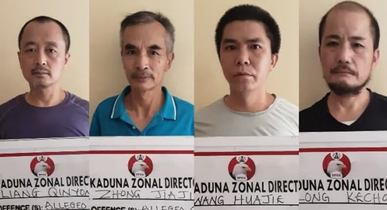 Collage of four Chinese men identified as illegal miners in Nigeria, facing legal consequences.