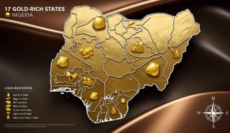 Visual representation of Nigeria's gold-bearing states, emphasizing mining potential Illustrative map showcasing 17 Nigerian states with significant gold deposits