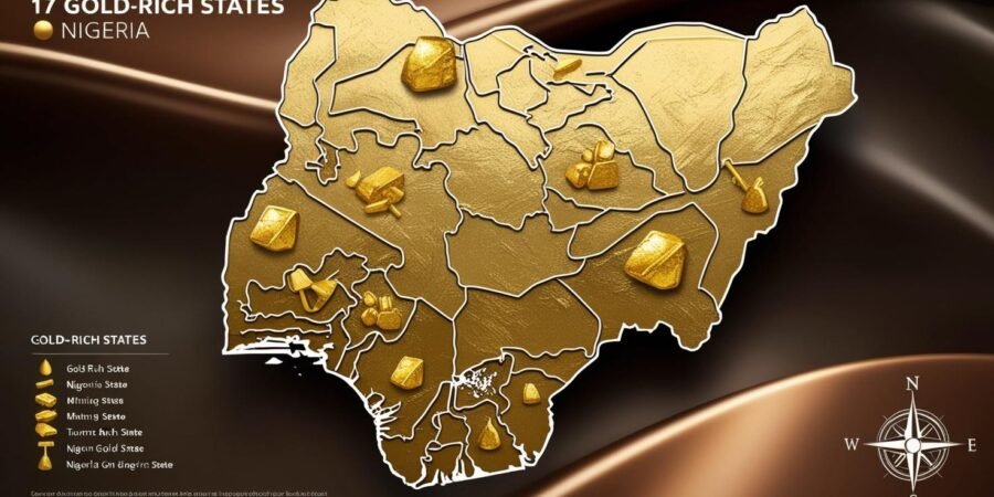 Illustrative map showcasing 17 Nigerian states with significant gold deposits
