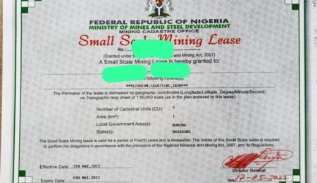 A sample mining license issued by the Nigerian government through the Mining Cadastre Office Sample of an official mining license issued by the Nigerian Mining Cadastre Office