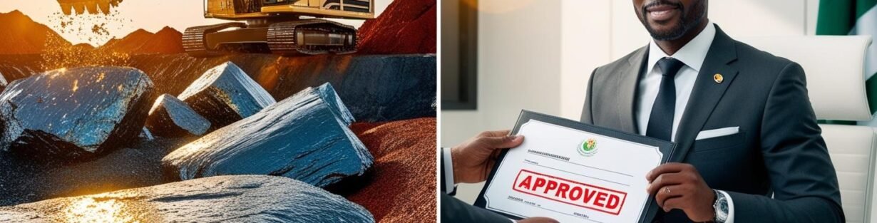 Split image of a Nigerian mining site and a businessman receiving an approved mining license