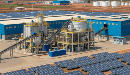 Powering a new era: A cutting-edge lithium processing facility in Nigeria, integrating renewable energy, signifies the nation's leap into the global electric vehicle battery supply chain and a sustainable economic future. Modern lithium processing plant in Nigeria, showcasing advanced technology for sustainable lithium refining with integrated solar panels and wind turbines, symbolizing the nation's push for green energy and EV battery production.