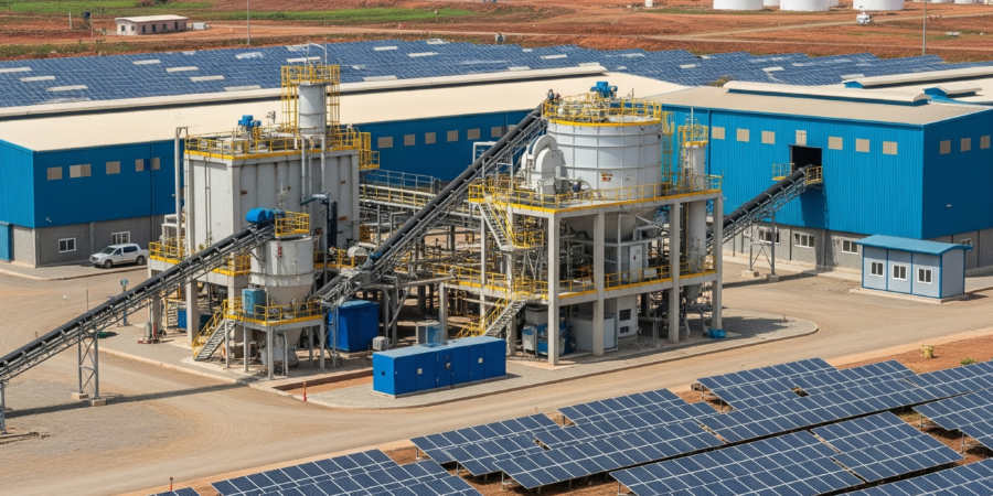 Modern lithium processing plant in Nigeria, showcasing advanced technology for sustainable lithium refining with integrated solar panels and wind turbines, symbolizing the nation's push for green energy and EV battery production.