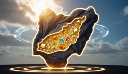 A symbolic representation of Nigeria’s mining potential being unveiled through reform and innovation. Digital illustration of Nigeria-shaped rock cracked open to reveal sparkling minerals, with sunlight and futuristic holographic effects.