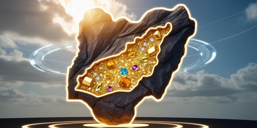 Digital illustration of Nigeria-shaped rock cracked open to reveal sparkling minerals, with sunlight and futuristic holographic effects.