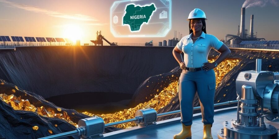 Solid minerals could rival oil — Nigeria’s mining sector stands at the edge of a historic transformation Nigerian woman miner at a futuristic mining site with glowing minerals, industrial background, and digital Nigeria map overlay