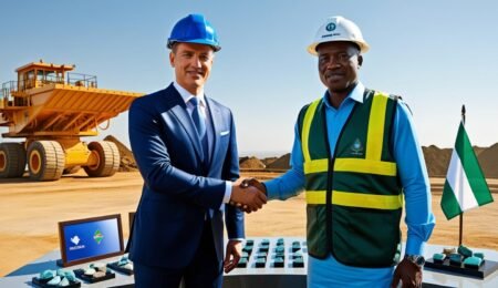 Forging global partnerships in Nigeria’s mining industry—where opportunity meets expertise. International investor shaking hands with Nigerian mining executive at a mining site