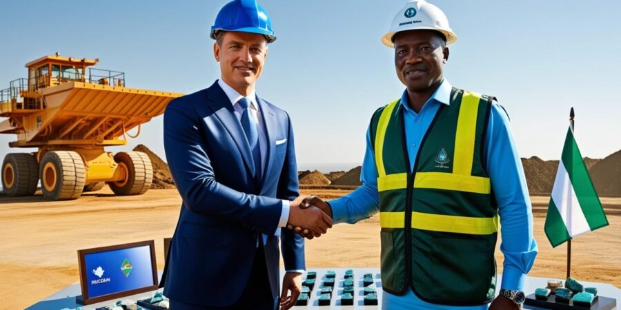Forging global partnerships in Nigeria’s mining industry—where opportunity meets expertise. International investor shaking hands with Nigerian mining executive at a mining site